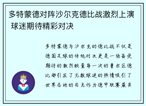 多特蒙德对阵沙尔克德比战激烈上演 球迷期待精彩对决